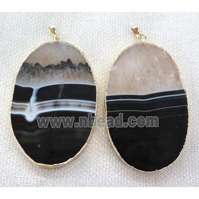 black agate pendant white druzy, oval, gold plated
