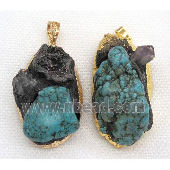 turquoise pendant, blue, freeform, gold plated