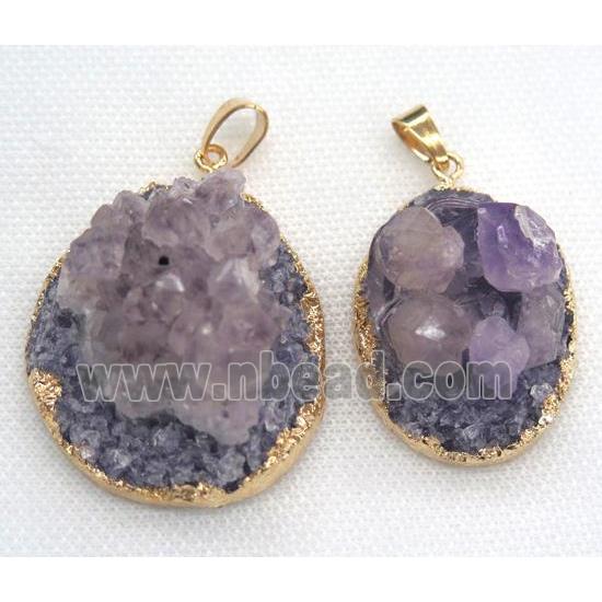 Amethyst druzy pendant, purple, freeform, gold plated