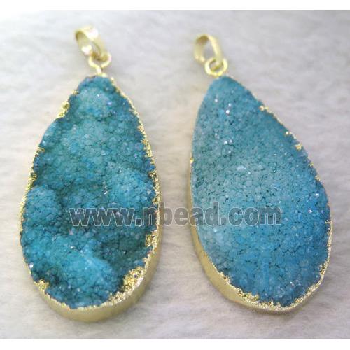 blue druzy quartz pendant, teardrop, gold plated