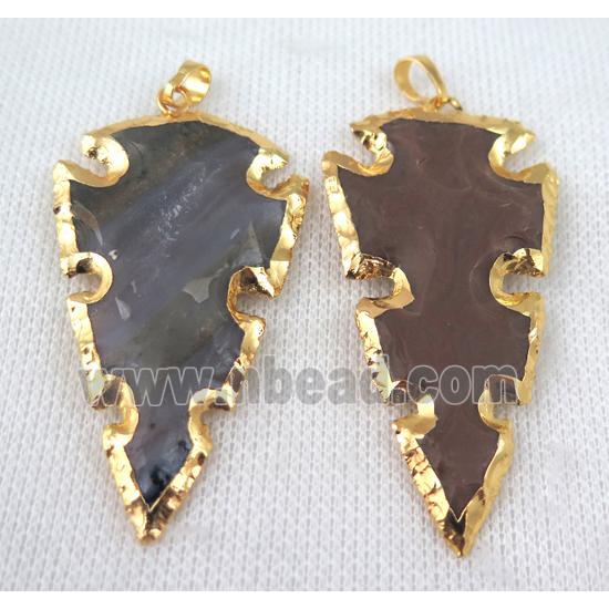 hammered Rock Agate pendant, arrowhead, gold plated