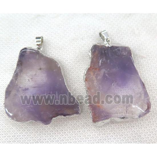 amethyst slice pendant, purple, point freeform, silver plated