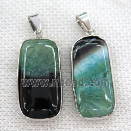 green druzy agate pendant, rectangle, silver plated