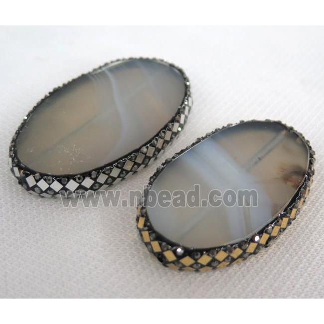 Gray Agate Oval Beads Pave Foil