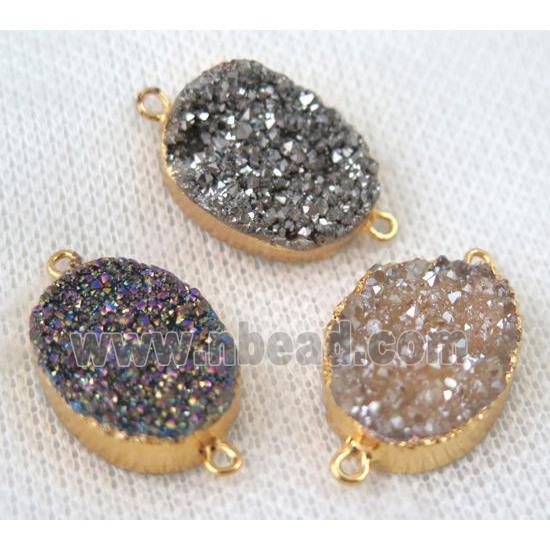 druzy quartz connector, mixed color, oval, gold plated