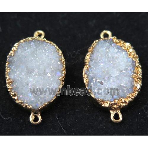 white AB-color druzy quartz connector, oval, gold plated