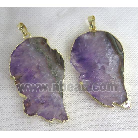 Amethyst pendant, purple, angel wing, gold plated