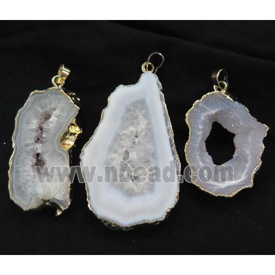 white agate druzy geode slice pendant, freeform, gold plated