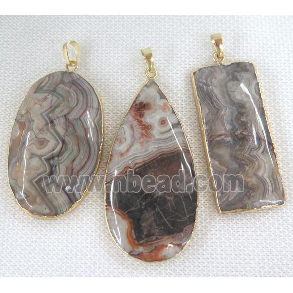 Agua Nueva Mexican Crazy Agate pendant, mix shaped, gold plated