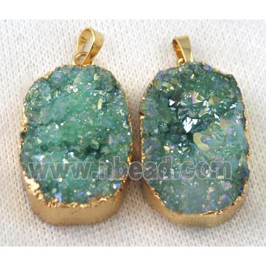 green druzy quartz pendant, AB color, freeform, gold plated