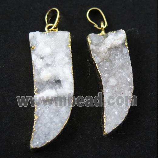 white druzy quartz pendant, horn, gold plated