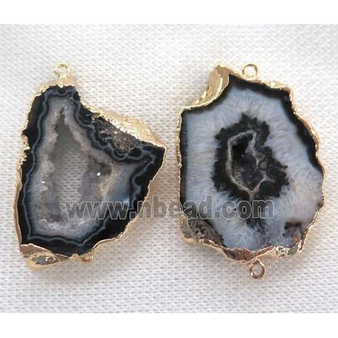 Black Agate Druzy Slice Connector Geode Freeform Gold Plated