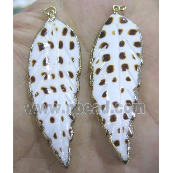 white shell pendant, leaf, gold plated