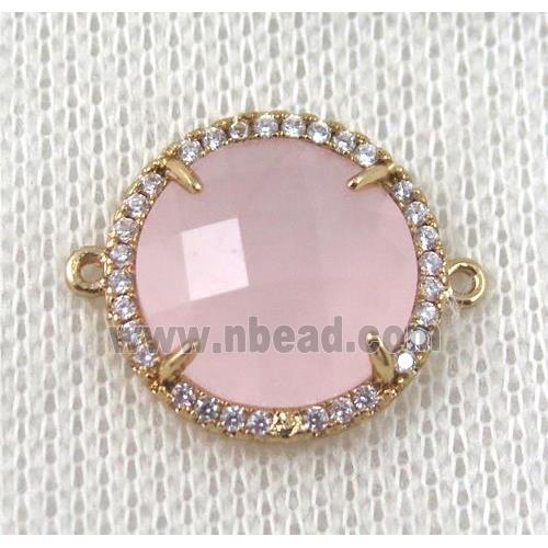 pink crystal glass flat-round connector paved zircon, gold plated