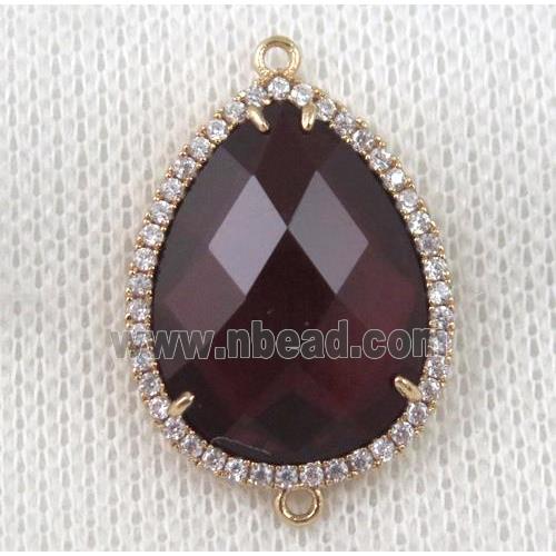 dark-red crystal glass teardrop connector paved zircon, gold plated