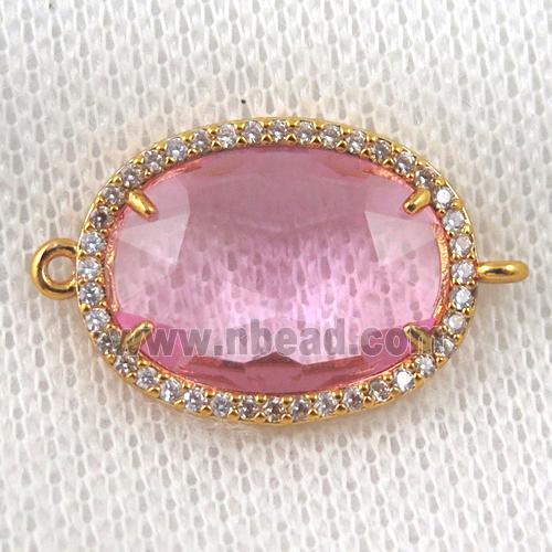 pink crystal glass connector paved zircon, faceted oval, gold plated