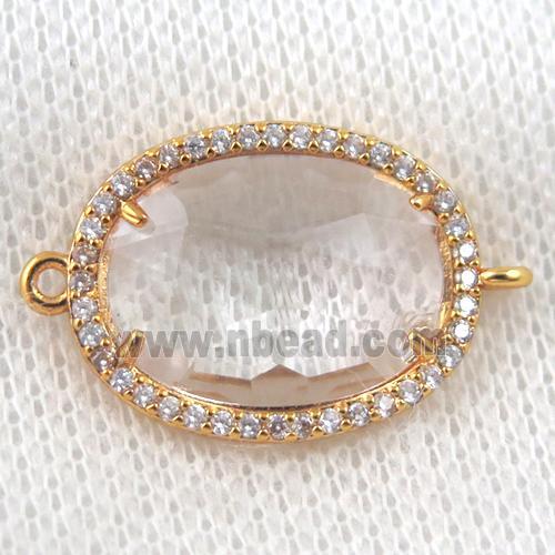 clear crystal glass connector paved zircon, faceted oval, gold plated