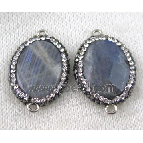 Labradorite connector paved rhinestone, faceted oval