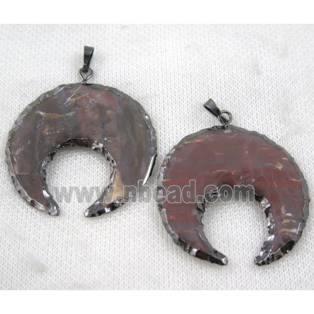 natural hammered Rock Agate crescent horn pendant, black plated