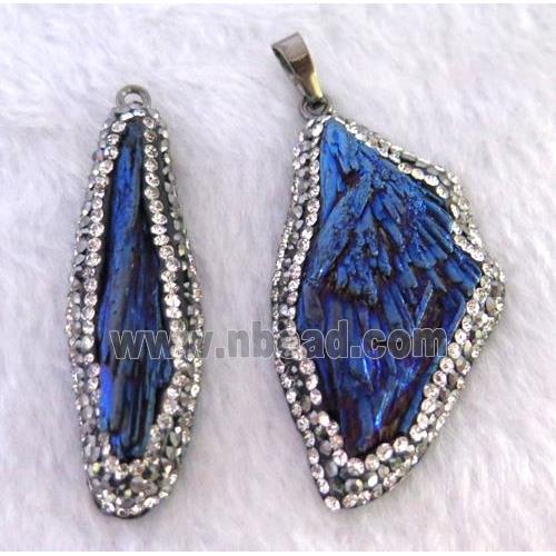 titanium crystal tourmaline pendant pave rhinestone, freeform, blue electroplated