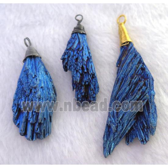 Brazilian black tourmaline pendant, freeform, wire wrapped, blue electroplated