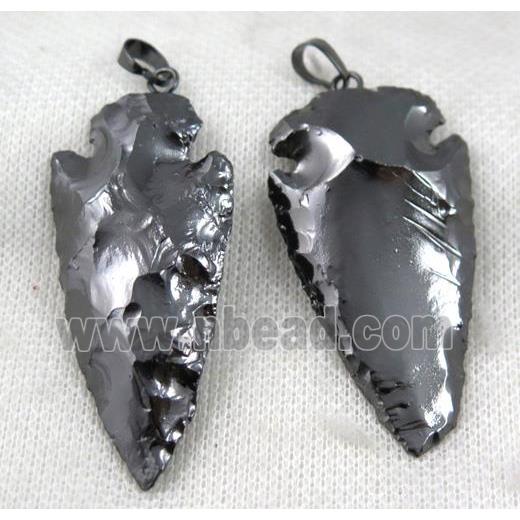 hammered Rock Agate arrowhead pendant, black plated