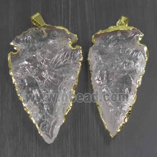 hammered Clear Quartz arrowhead pendant, gold plated
