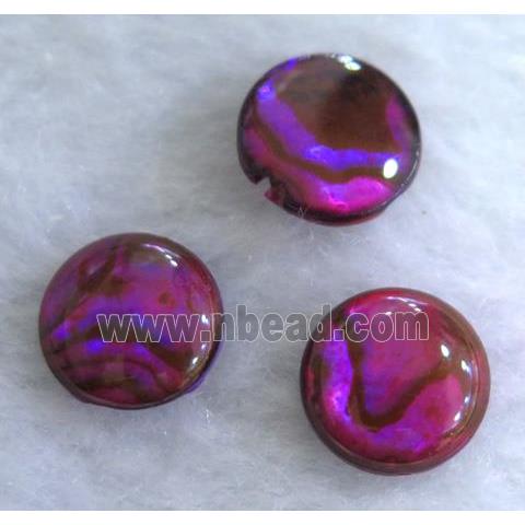 Paua Abalone shell bead without hole, flat round, red dye
