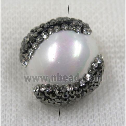 white pearl shell beads paved rhinestone, flat round
