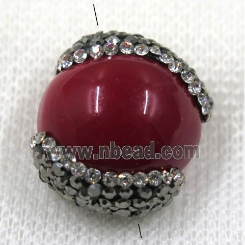 red pearl shell bead paved rhinestone, flat round