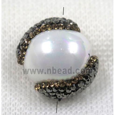 white pearl shell bead paved rhinestone, flat round