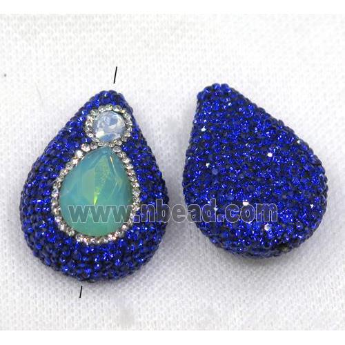 green crystal glass bead paved blue rhinestone, teardrop