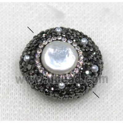 white pearl beads paved black rhinestone, flat round