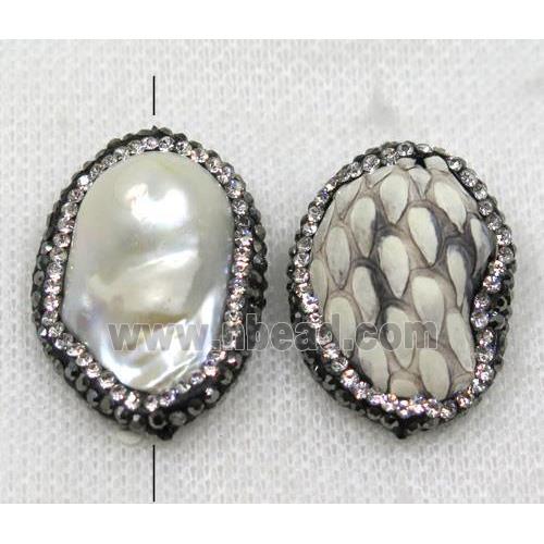 white pearl beads paved rhinestone, freeform, white snakeskin