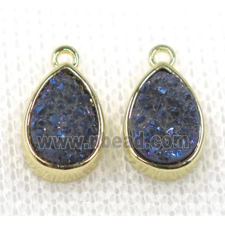 blue druzy quartz teardrop pendant, gold plated