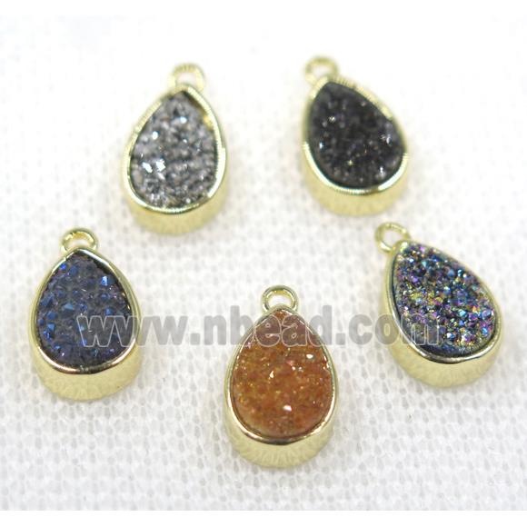 druzy quartz teardrop pendant, gold plated, mix color