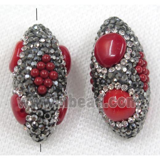 red coral beads paved black rhinestone, oval