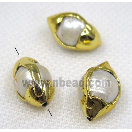 white pearl beads, oval, 24k gold plated