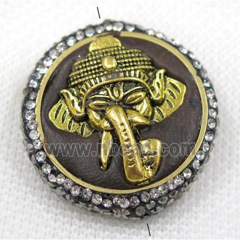 Nepal style turquoise bead paved rhinestone, flat round, gold elephant