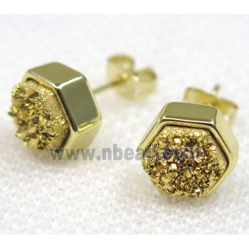 golden druzy quartz earring studs, hexagon