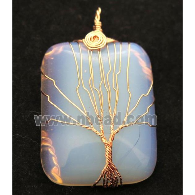 White Opalite Rectangle Pendant Tree Of Life Wire Wrapped Rose Gold