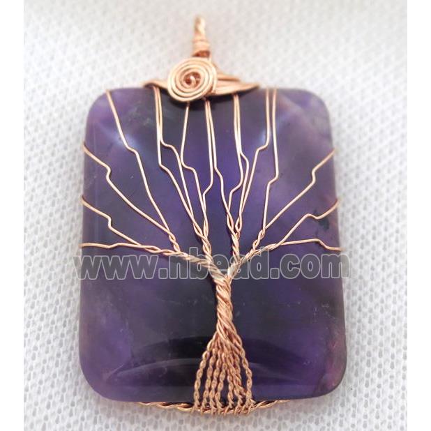 Purple Amethyst Rectangle Pendant Tree Of Life Wire Wrapped Rose Gold