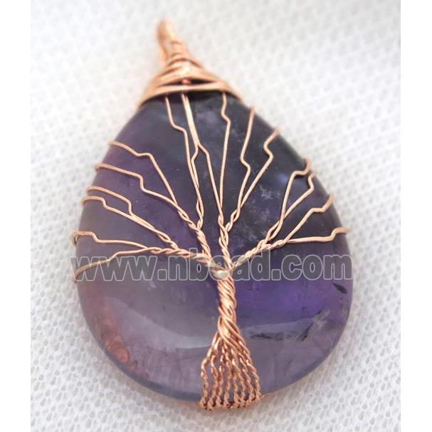 Purple Amethyst Teardrop Pendant Tree Of Life Wire Wrapped Rose Gold