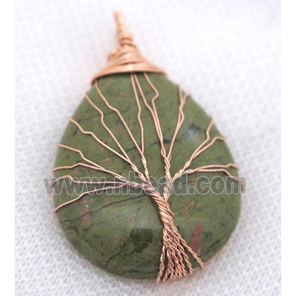 Unakite Teardrop Pendant Tree Of Life Wire Wrapped Rose Gold