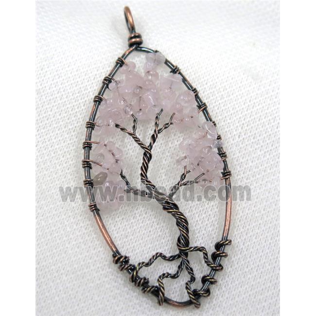 Pink Rose Quartz Chips Pendant Tree Of Life Wire Wrapped Oval Antique Red