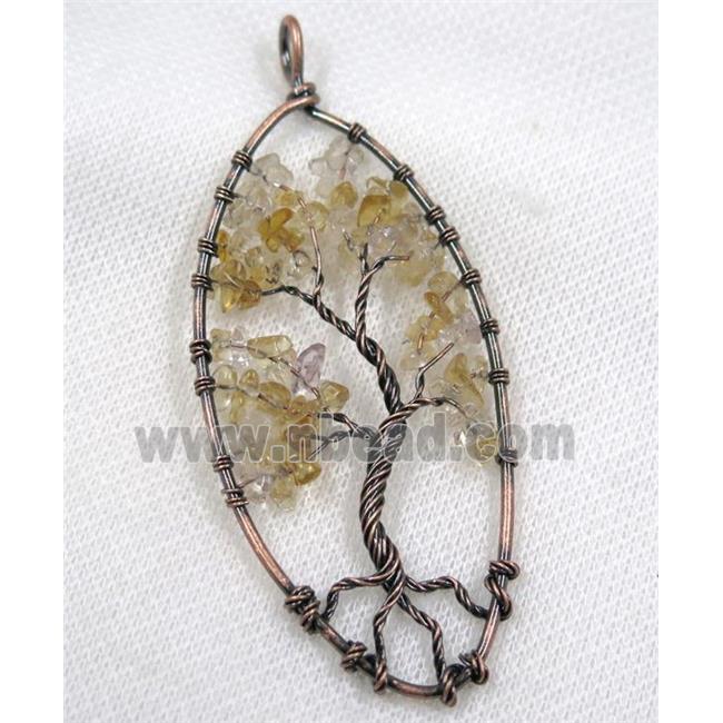 Citrine Chips Pendant Tree Of Life Wire Wrapped Oval Antique Red