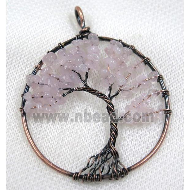 Pink Rose Quartz Chips Pendant Tree Of Life Wire Wrapped Circle Antique Red