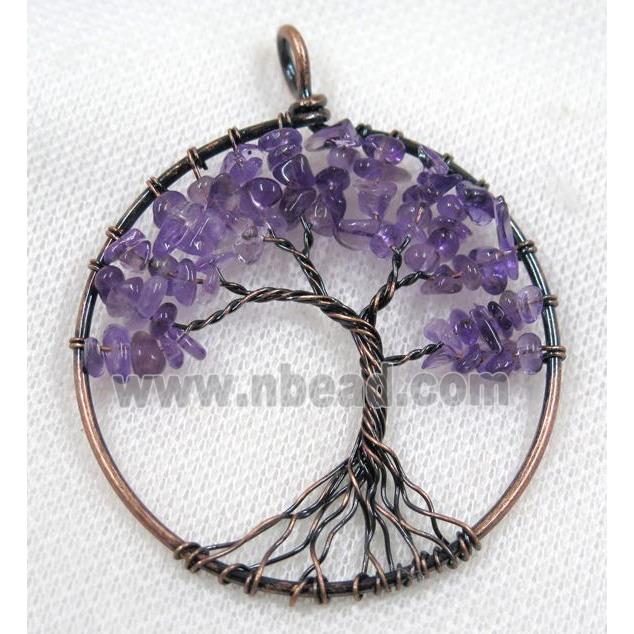 Purple Amethyst Chips Pendant Tree Of Life Wire Wrapped Circle Antique Red