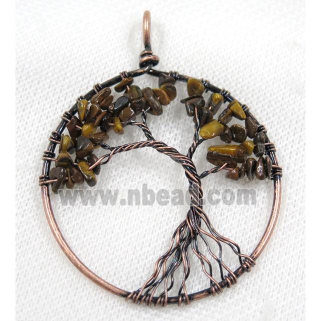 Tiger Eye Stone Chips Pendant Tree Of Life Wire Wrapped Circle Antique Red