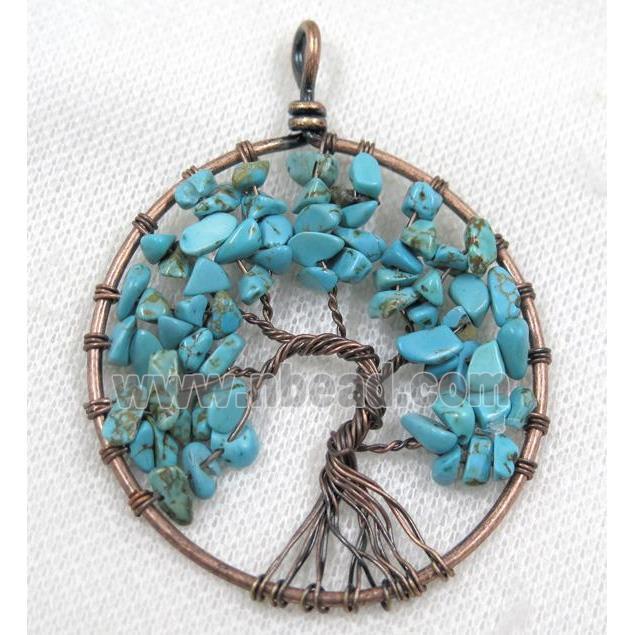 Blue Magnesite Turquoise Chips Pendant Tree Of Life Wire Wrapped Circle Antique Red